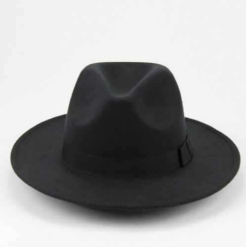 Women Men Wool Vintage Gangster Trilby Felt Fedora Hat With Wide Brim Gentleman Lady Winter Autumn Jazz Caps: Black