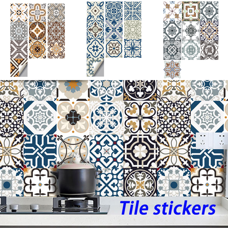 Tile Sticker Bathroom Kitchen 3D Wallpaper Waterproof Self-adhesive PVC 3D Wall Stickers Home Wall Floor Retro Flower Decoration