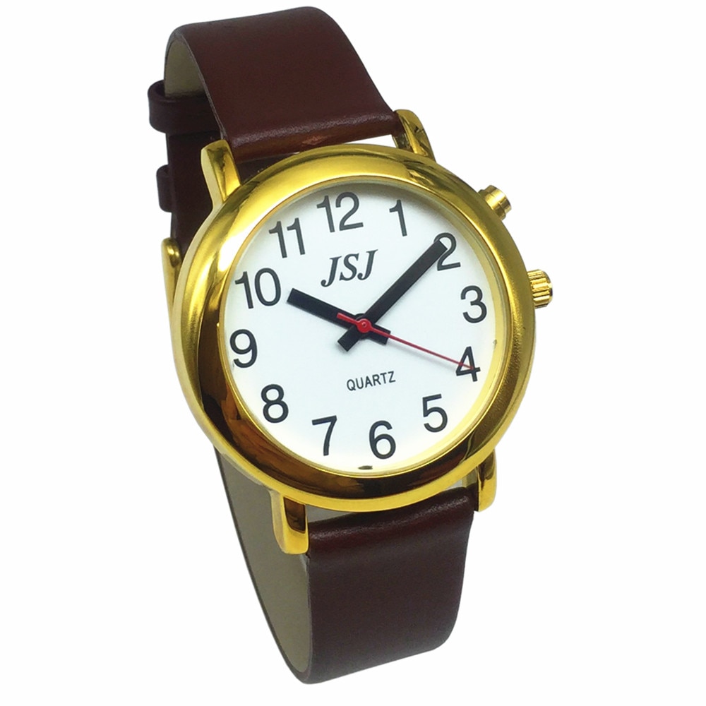 Franse Praten Horloge met Alarm Functie, Praten Datum en tijd, Witte Wijzerplaat, Bruine Lederen Band, golden Case TAF-506