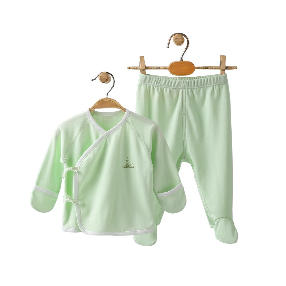 COBROO 100% Cotton Newborn Baby Footies Pajamas Set with Mitten Cuffs Long Sleeve Baby Kimono and Footed Pants Set 0-3 Months: Green / Newborn