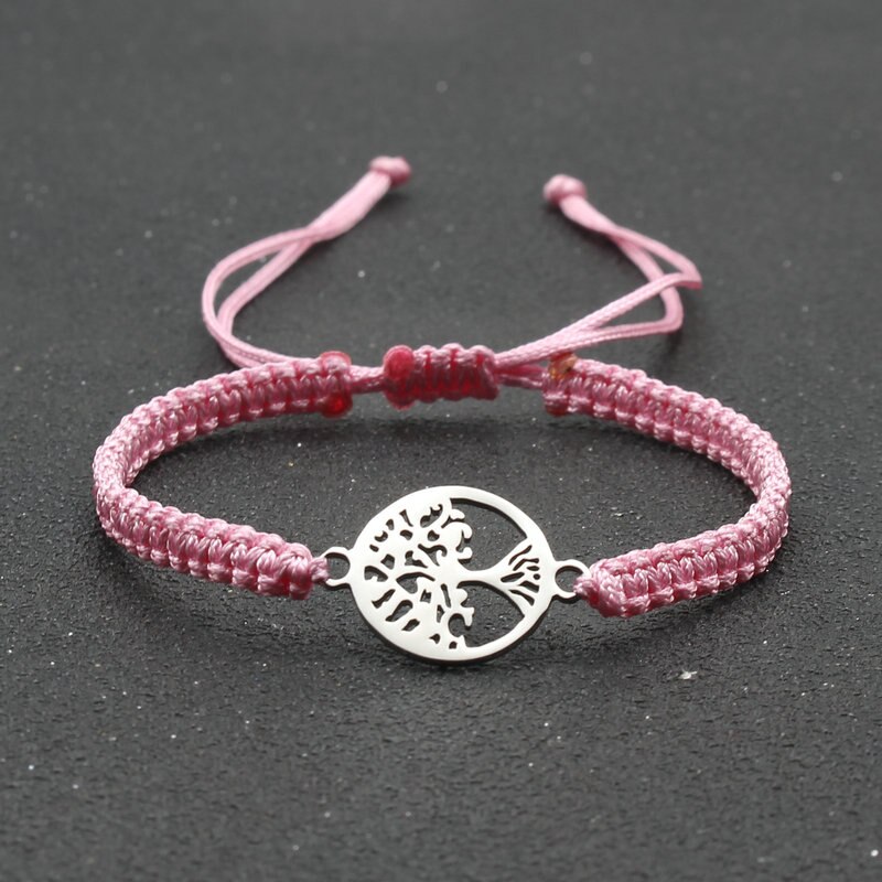 Pulsera de cuerda hecha a mano para hombre y mujer, brazalete de acero inoxidable con colgante de árbol de la vida, ajustable, para pareja: Pink