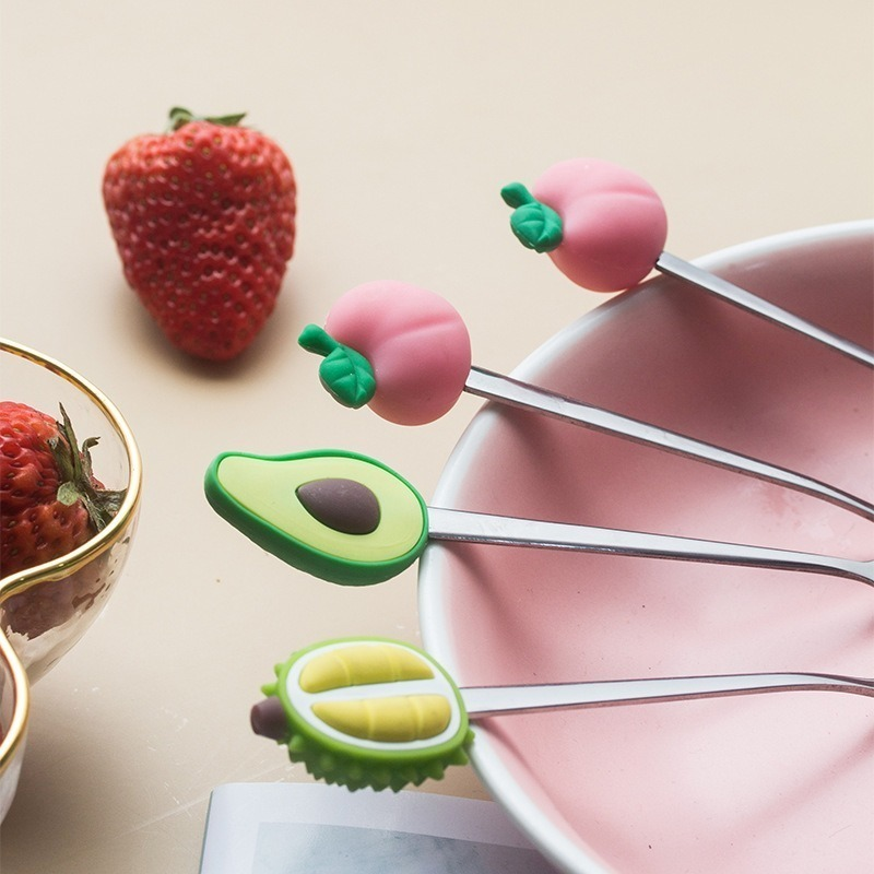Fruit Shape Fruit Fork Spoon Silicone + Stainless Steel Fruit Fork Peach Durian Avocado Dessert Spoon