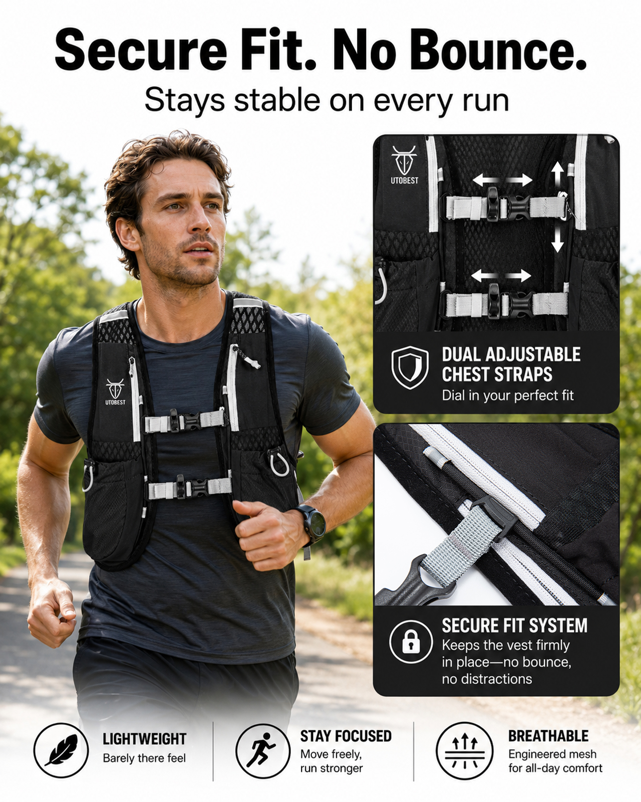 Utobest trailrunning rugzak 5l ultralichte hydratatievest ademende functionele rugzak voor marathons, fietsen en wandelen