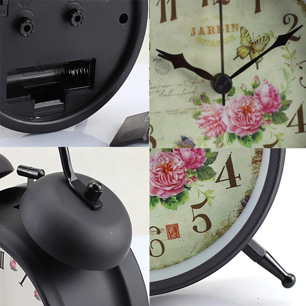 4 inch Retro Vintage Bedside Twin Bell Alarm Clock With Loud Alarm and Nightlight (Black Case - Roses)