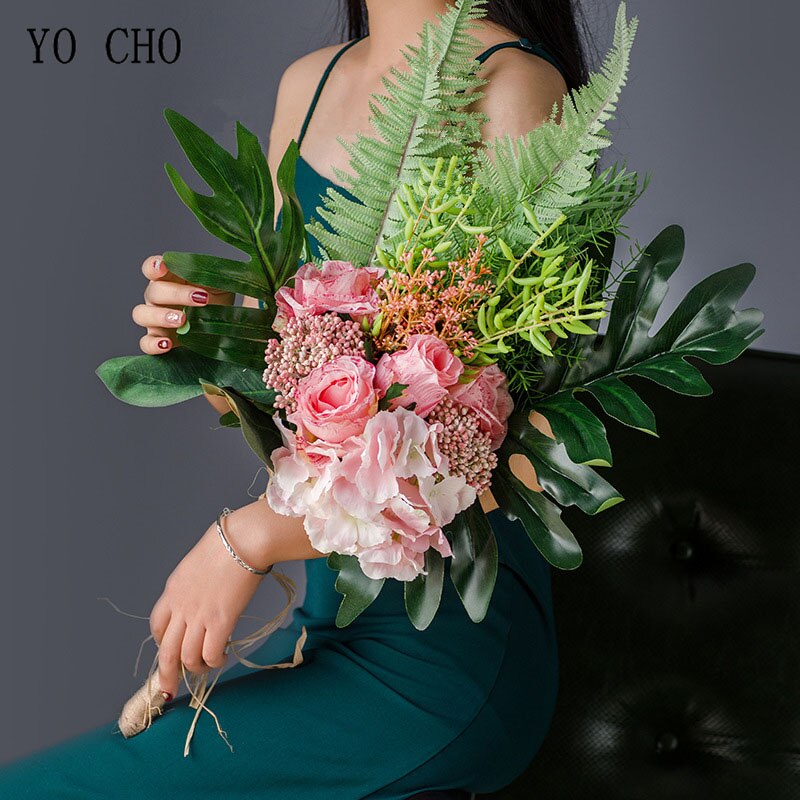 YO CHO Braut Hochzeit Strauß Fotografie Hochzeit Liefert Künstliche Seide Rose Hortensien Blume Cycas Strauß Grünen Wald Stil