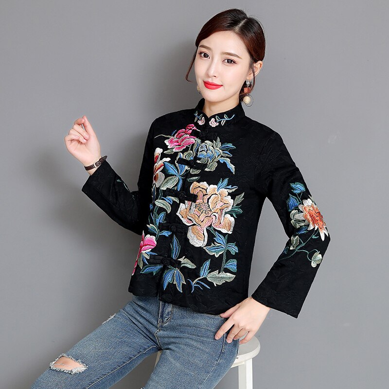 Manteau chinois Harajuku brodé pour femme, Style ethnique noir, , Slim, court, rouge,