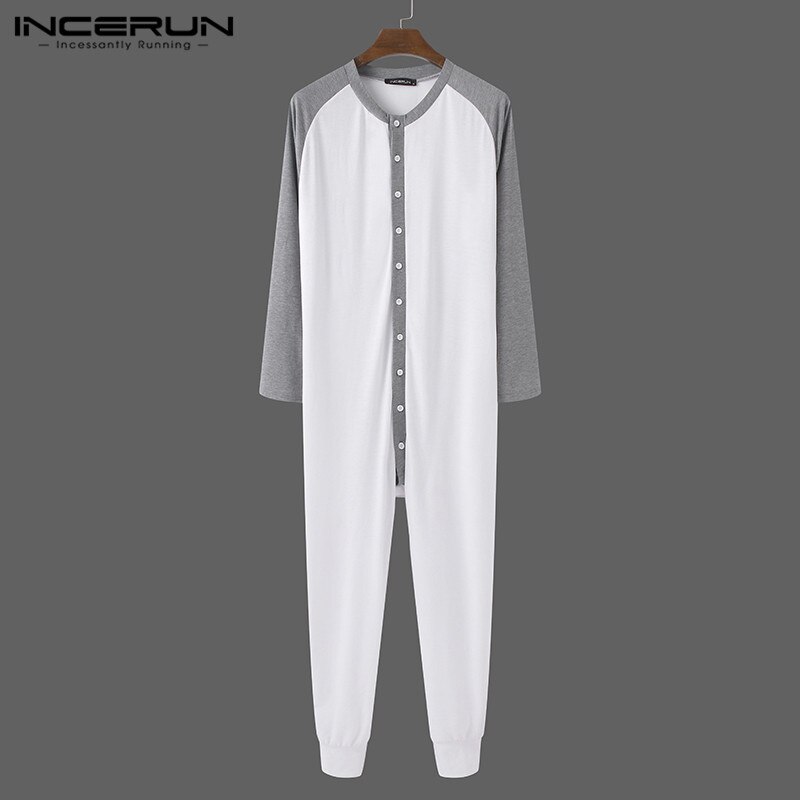 Men Pajamas Jumpsuits Patchwork Long Sleeve Homewear O Neck Cozy Rompers Button Up Casual Mens Playsuit Sleepwear S-5XL INCERUN