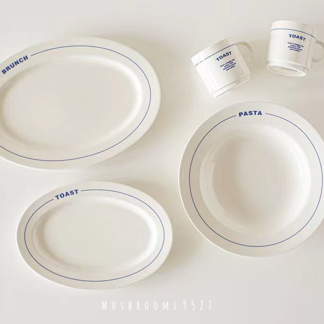 Koreansk stil retro bogstaver enkle blå keramiske tallerken service pasta stegte ris oval dyb tallerken morgenmad dessert snack tallerken