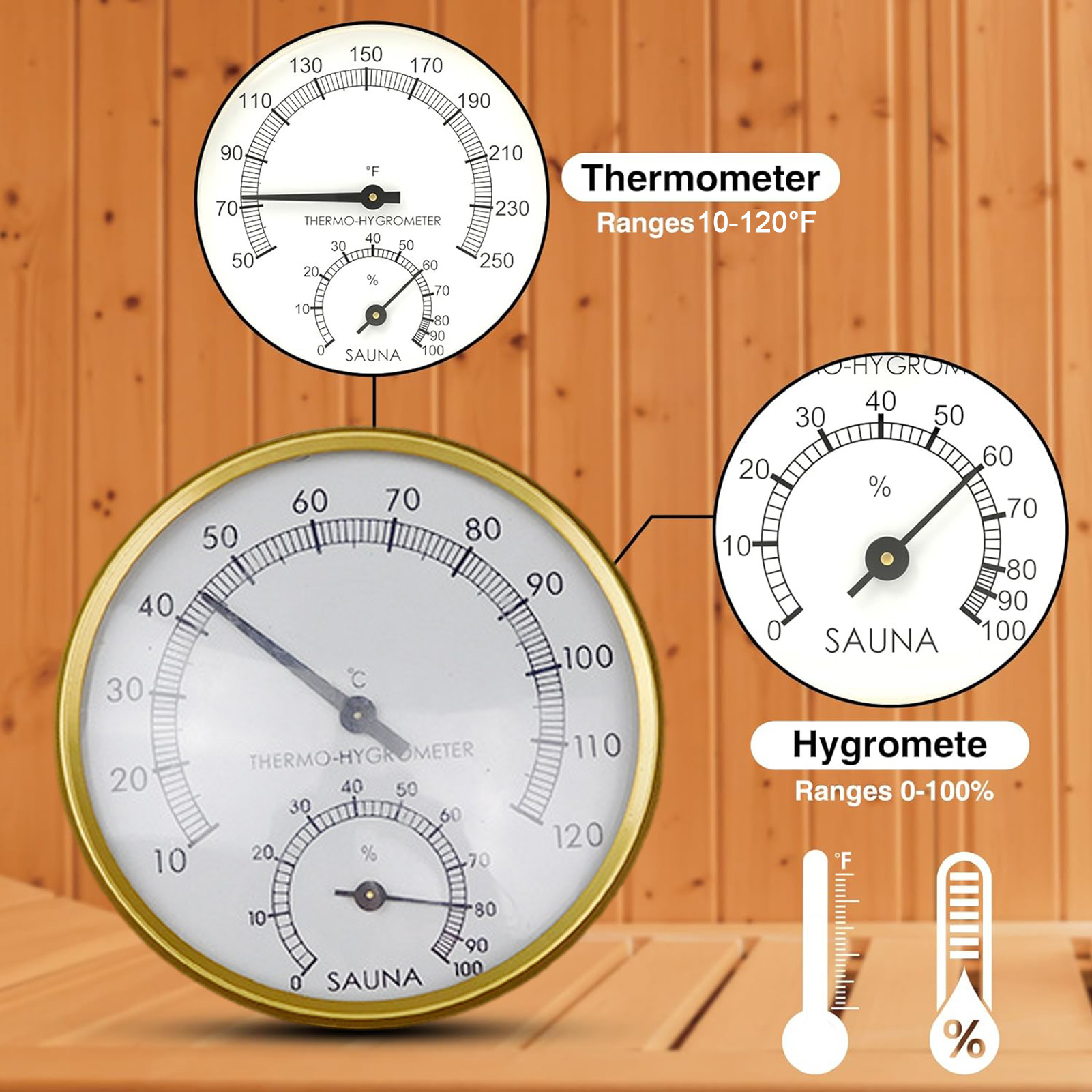 Termómetro de sauna Higrómetro Fahrenheit fácil de leer Probador de humedad de acero inoxidable de precisión para habitación de hotel