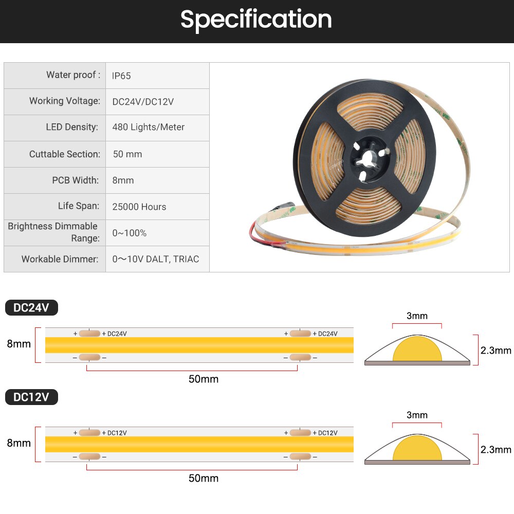 Tira de luces LED COB para exteriores, cinta Flexible de alta densidad, resistente al agua IP65, 12V/24V, 5 m/rollo, 8mm, 480 LED, para cocina y armario
