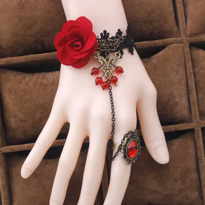 Mode-sieraden Red Rose Bloem Riet Temperament Van Kristal Lolita Kant Armband Met Ring Een Opisthenar Sieraden Armband