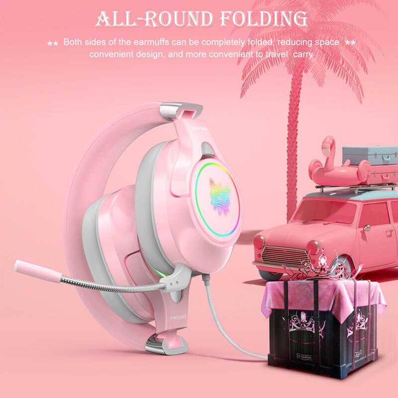 product K15 cute pink head-mounted wired gaming headset with microphone RGB lighting foldable PC stereo headset