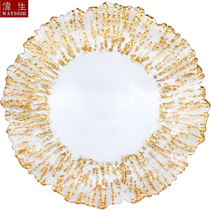 Dia34 cm Flower Shaped Silver Gold Rim Transparent Glass Charger Plate Wedding Party Decoration Events Tableware Tray Show Plate