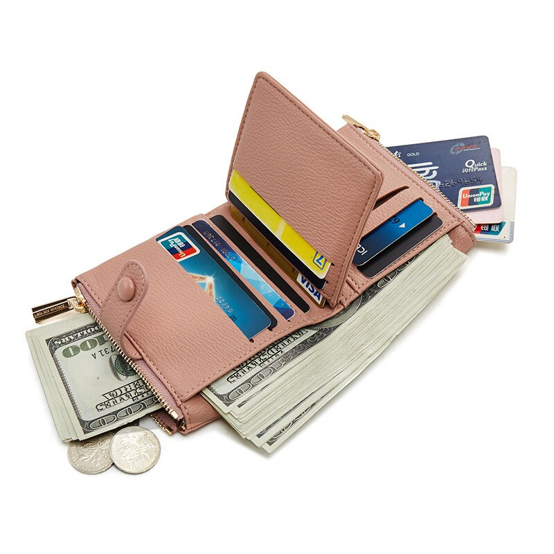 YIZHONG-portefeuille en cuir femme à Double fermeture éclair, porte-monnaie de luxe, court, multi-cartes, petit miroir, pochette
