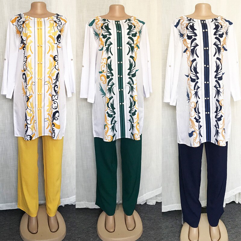 Two Piece Set Africa Clothes African Dashiki Flower Print Suit Top Trousers Super Elastic Party For Women Outfits