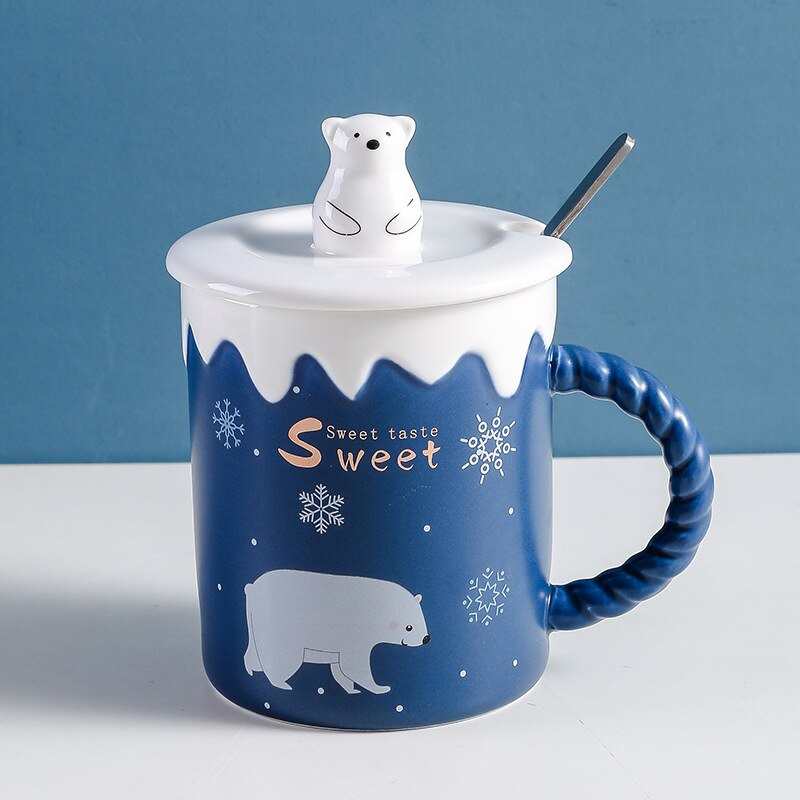 Leuke Ijsbeer Keramische Mok Met Deksel Lepel Koffie Cups Drinkware Koffie Thee Kopjes Student Melk Cup: A