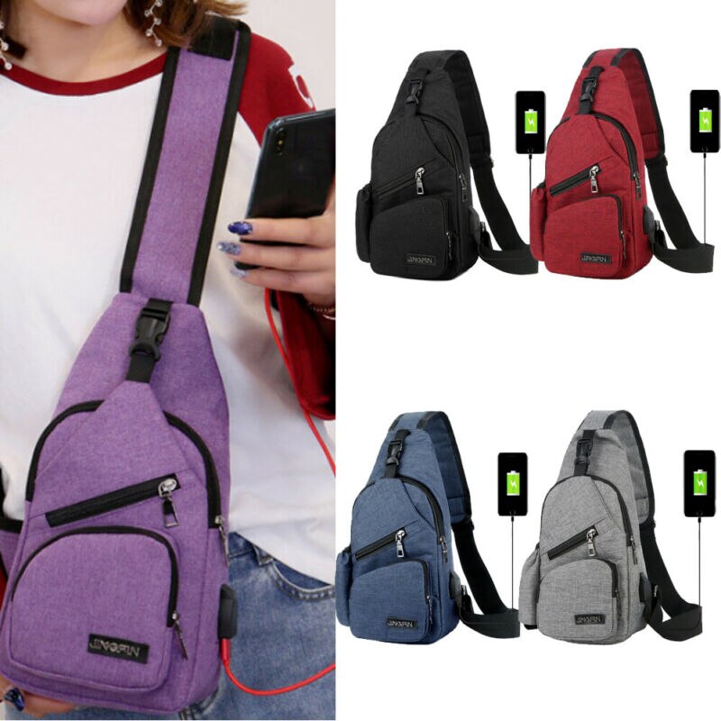 Lokale voorraad Mannen Vrouwen Schoudertas Sling Borst Pack USB Opladen Sport Crossbody Handtas