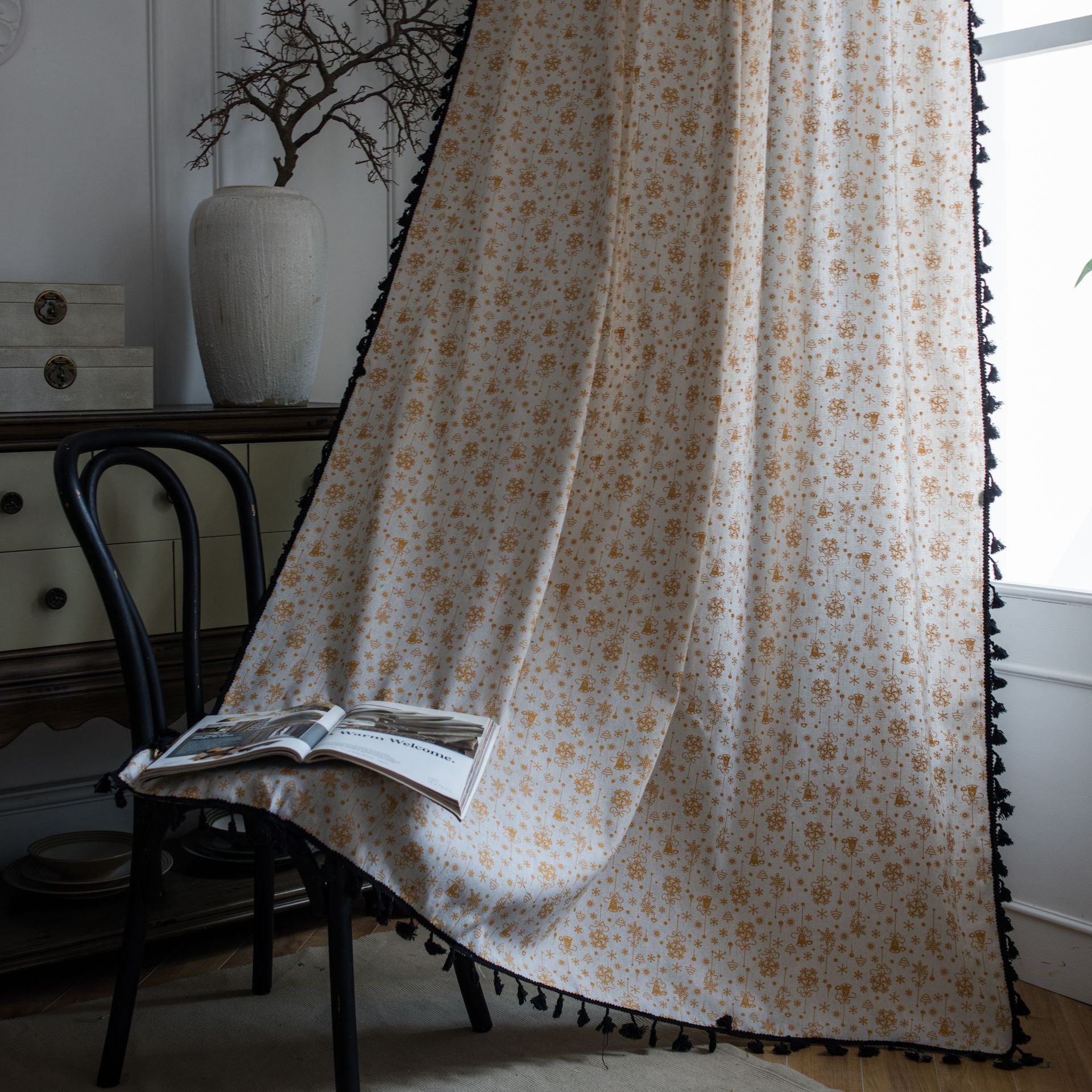 Luxe Witte Kerst Gordijnen Amerikaanse Katoen-Linnen Bronzing Chimes Gordijn Semi-Shading Erker Decoratie Woonkamer