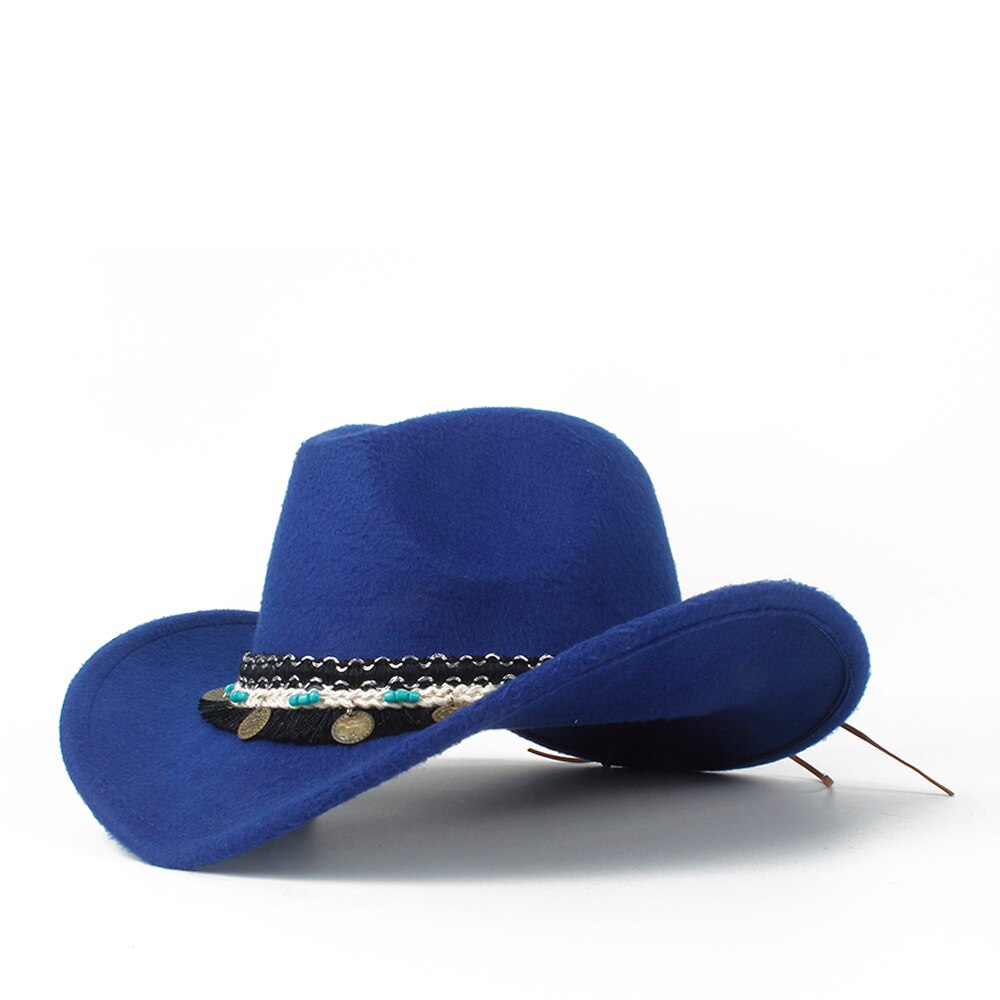 Kvinder western cowboy hat lady fascinator outblack cowgirl sombrero hombre jazz cap: Blå