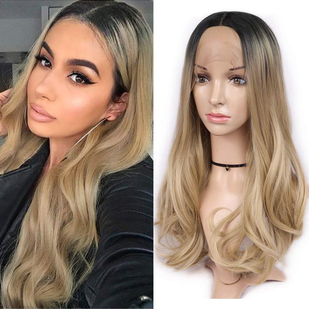 FAVE-Peluca de pelo largo ondulado para mujer, pelo sintético resistente al calor de fibra, con malla frontal, degradado, negro, marrón, Rubio, rojo, gris: Blonde