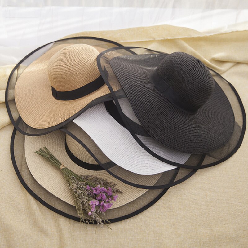 Solhatte til kvinder piger brede rand floppy stråhat sommer bohemia strand cap bånd chapeau femme ete sort