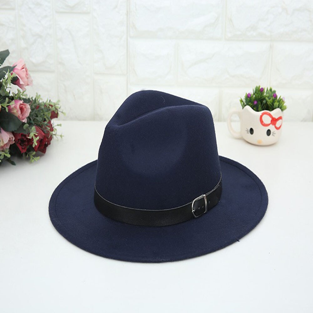 Classic British Fedora Hat Men Women Imitation Woolen Winter Felt Hats Black Wine Red Blue Jazz Hat Chapeau: Royal Blue