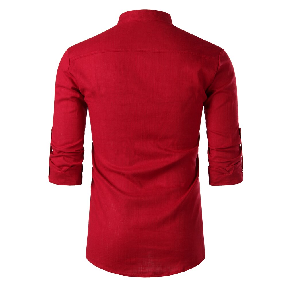 Effen katoenen linnen overhemd heren mandarijnkraag lange mouwen heren overhemden met zak casual zakelijk werk chemise homme