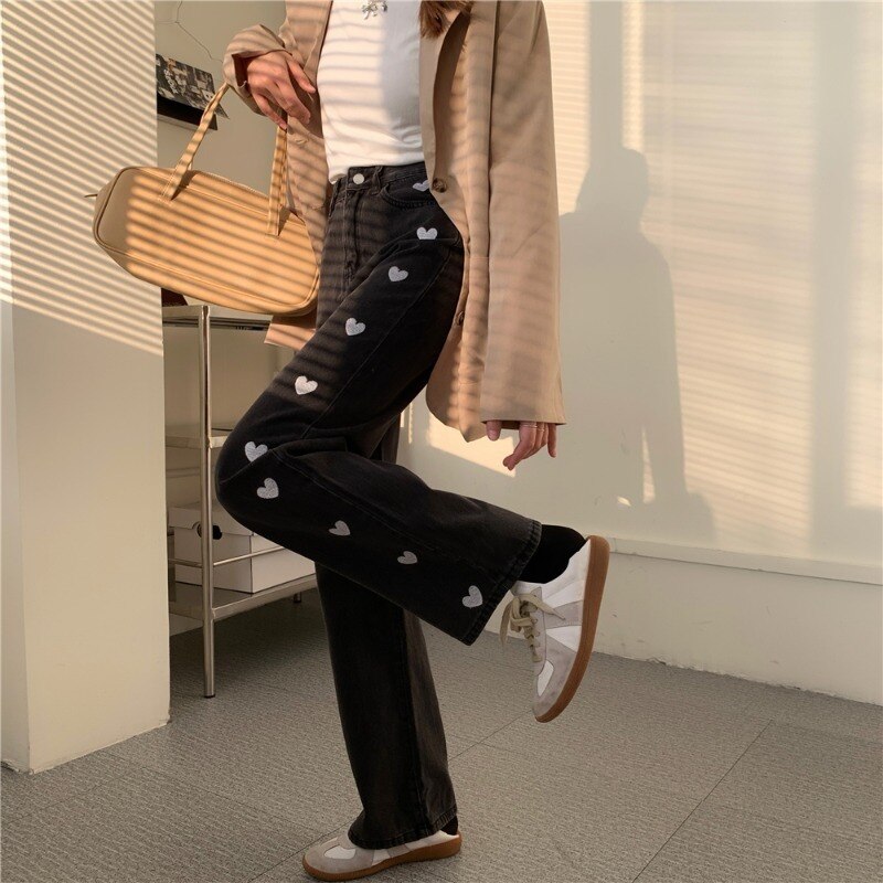 Jean Vintage imprimé en forme de cœur pour femme, pantalon en Denim, à jambes larges, droit, ample, à la , Y2K, Harajuku, automne hiver