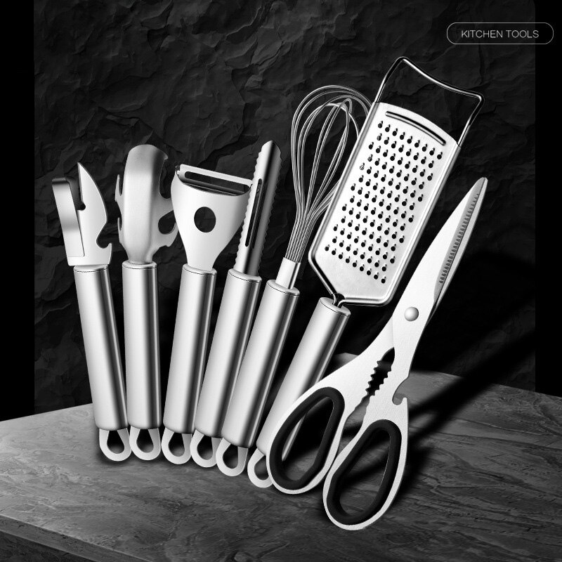 7Pc Kitchen Gadget Set Stainless Steel Multi-purpose Kitchen Grater, Whisk, Can Opener, Pizza Cutter, Peeler, Bowl Dish Pan Clip