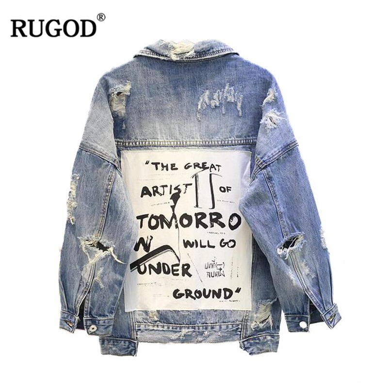 RUGOD Basic Coat Bombers Vintage Fabric Patchwork Denim Jacket Women Cowboy Jeans Autumn Frayed Ripped Hole Jean Jacket