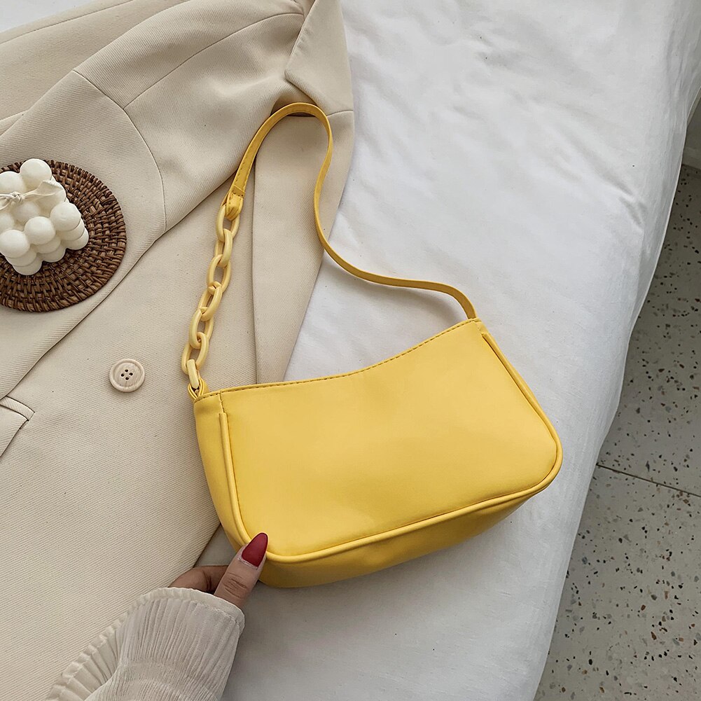 Afslappet pu læder slynge håndtaske pung kvinder kæde skulder crossbody taske populær enkel kvindelig daglig taske retro totes taske: Gul
