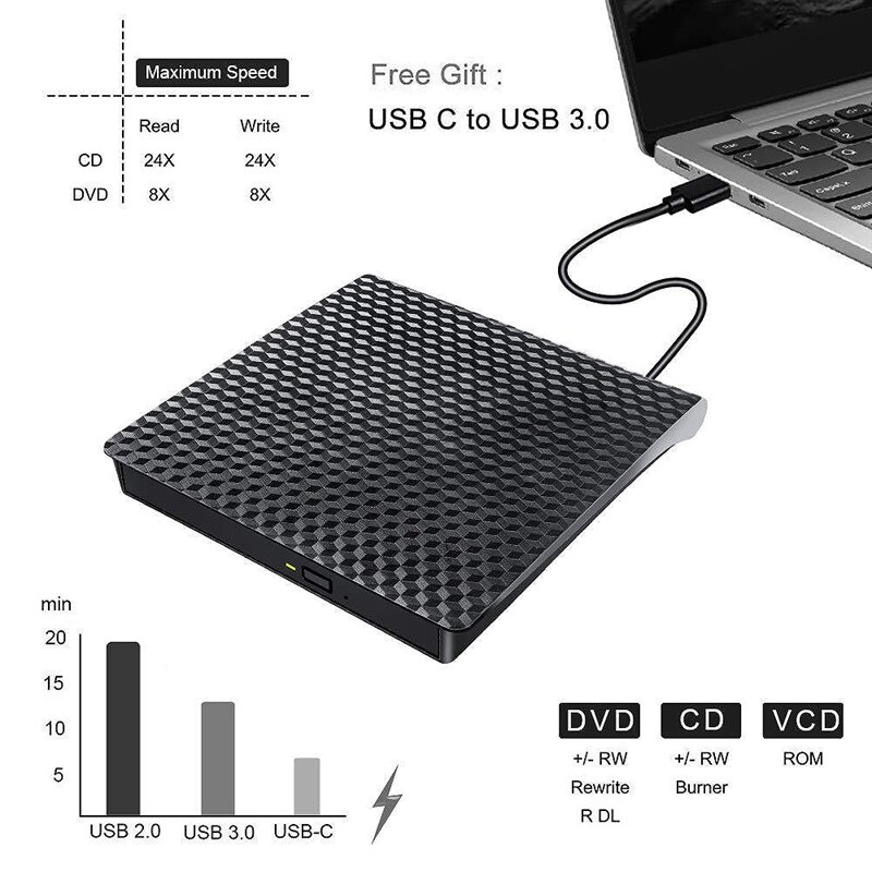 USB3.0 External CD DVD Burner, Universal Desktop Notebook USB / Type-C Mobile External CD / DVD Burner Optical Drive