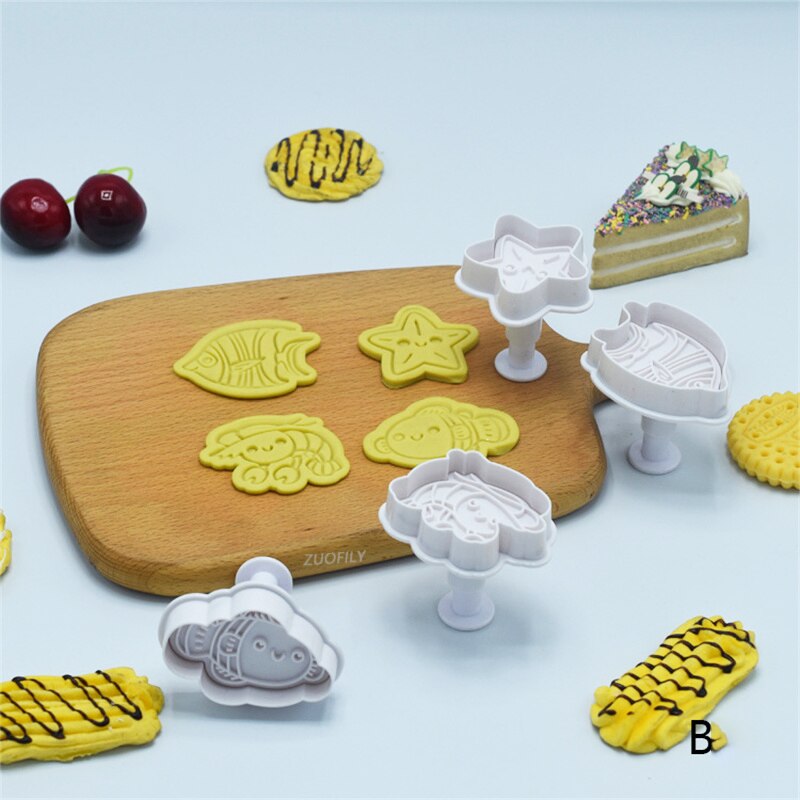 Molde para galletas de la serie de animales marinos, platillo de medusas del océano, cortador de galletas de émbolo DIY, juego de hornear, molde para glaseado de pasteles Fondant, 4 piezas