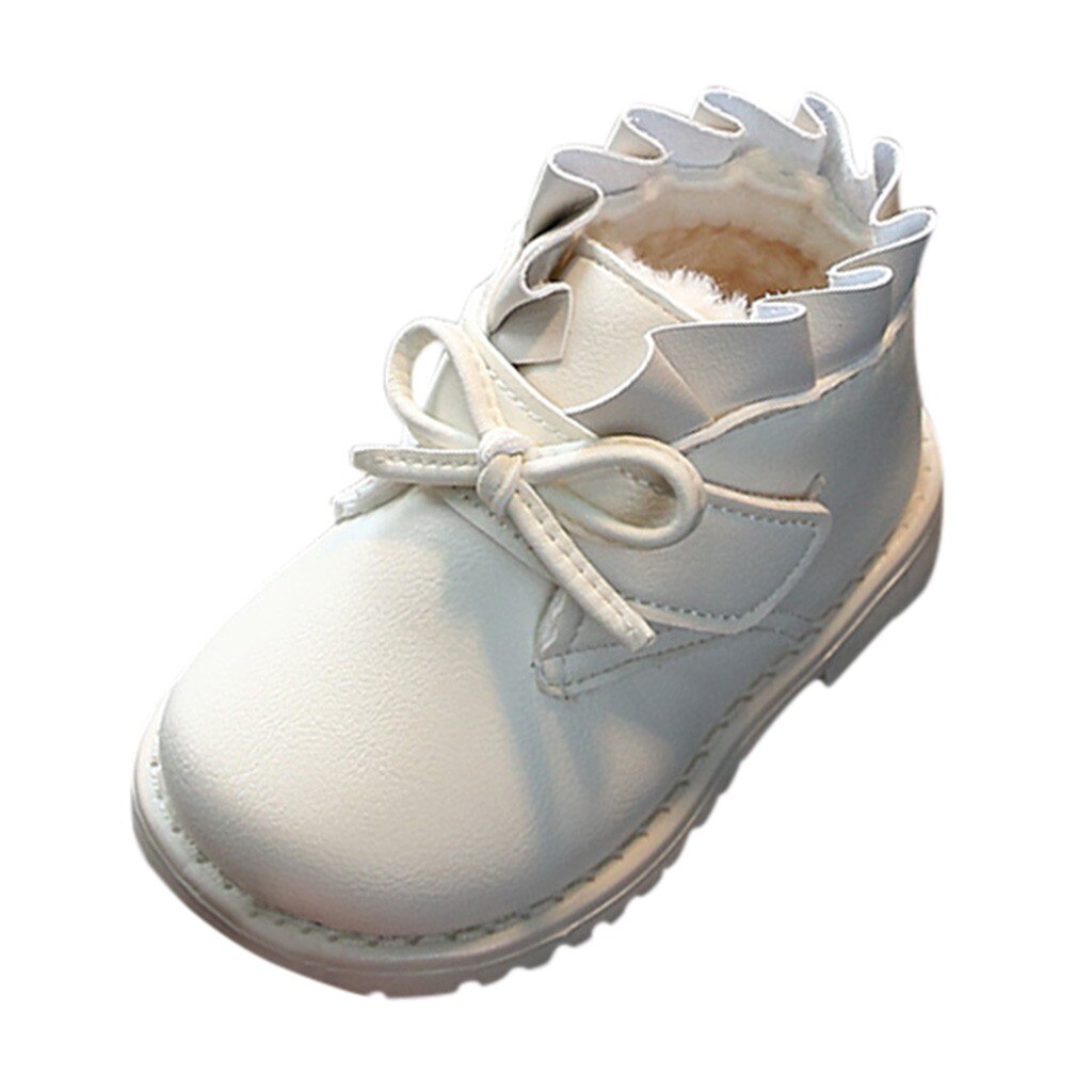 Botas de neve para meninas, botas de couro com babado, laço, cores sólidas, quentes, espessamento, para o inverno, botas de princesas: White / 8