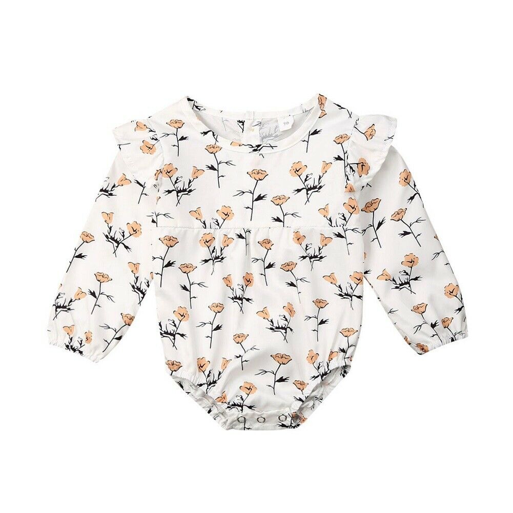 0-24M Newborn Baby Girls Boys Bodysuits Long Sleeve Ruffle Flowers Print Jumpsuit Outfit Autumn Clothes: White / 6M