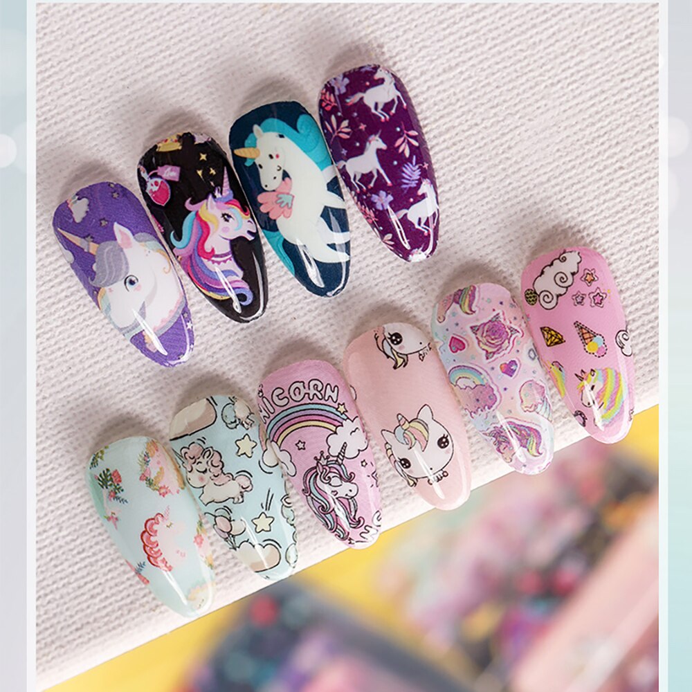 Juego de láminas holográficas para uñas, de unicornio, mezcla de animales, coloridos adhesivos de transferencia de manicura, calcomanías decorativas, 10 Uds.