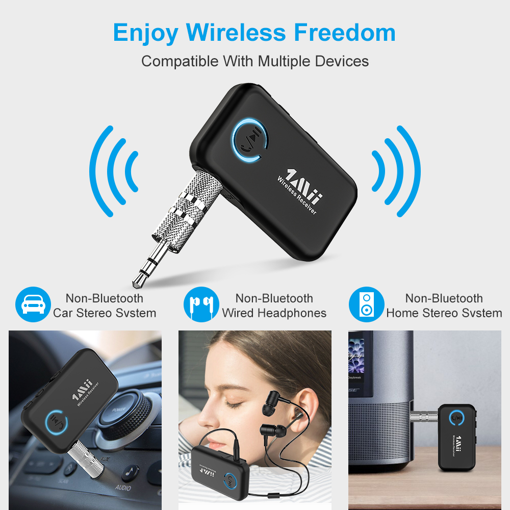 1mii ml100 receptor bluetooth 5.0 para adaptador de áudio aux de carro, com microfone 14h bateria longa 3.5mm jack para tv fone de ouvido alto-falante