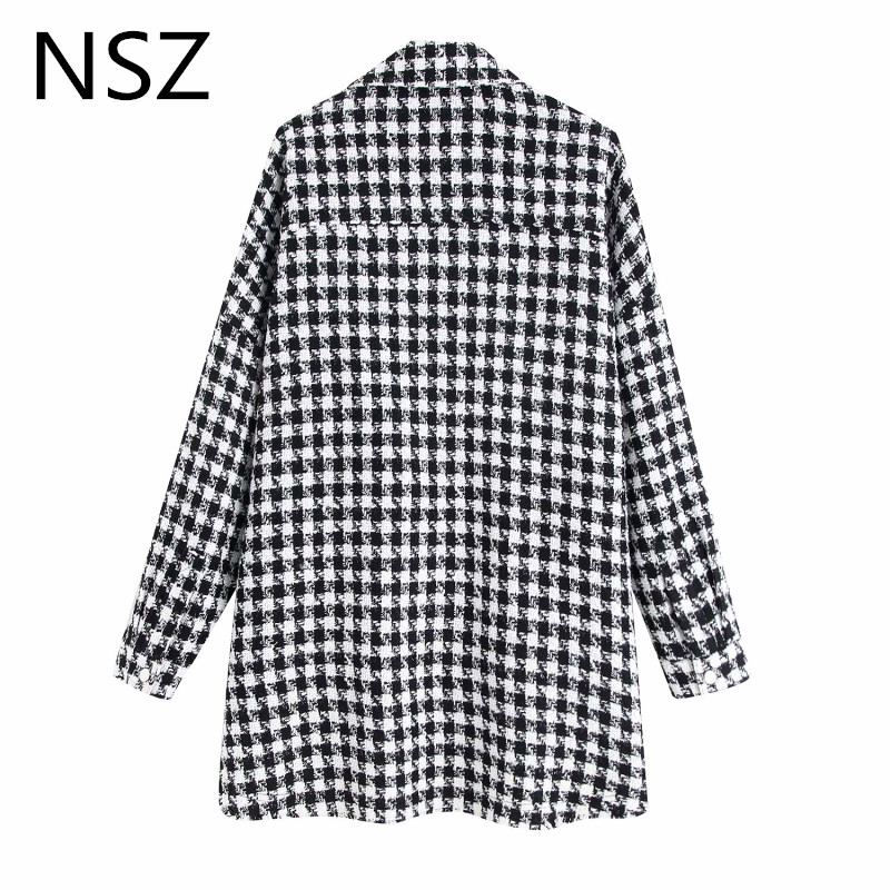 Nsz kvinder sort hvid plaid oversize tweed jakke houndstooth frakke langærmet løs afslappet lang ternet overtøj top