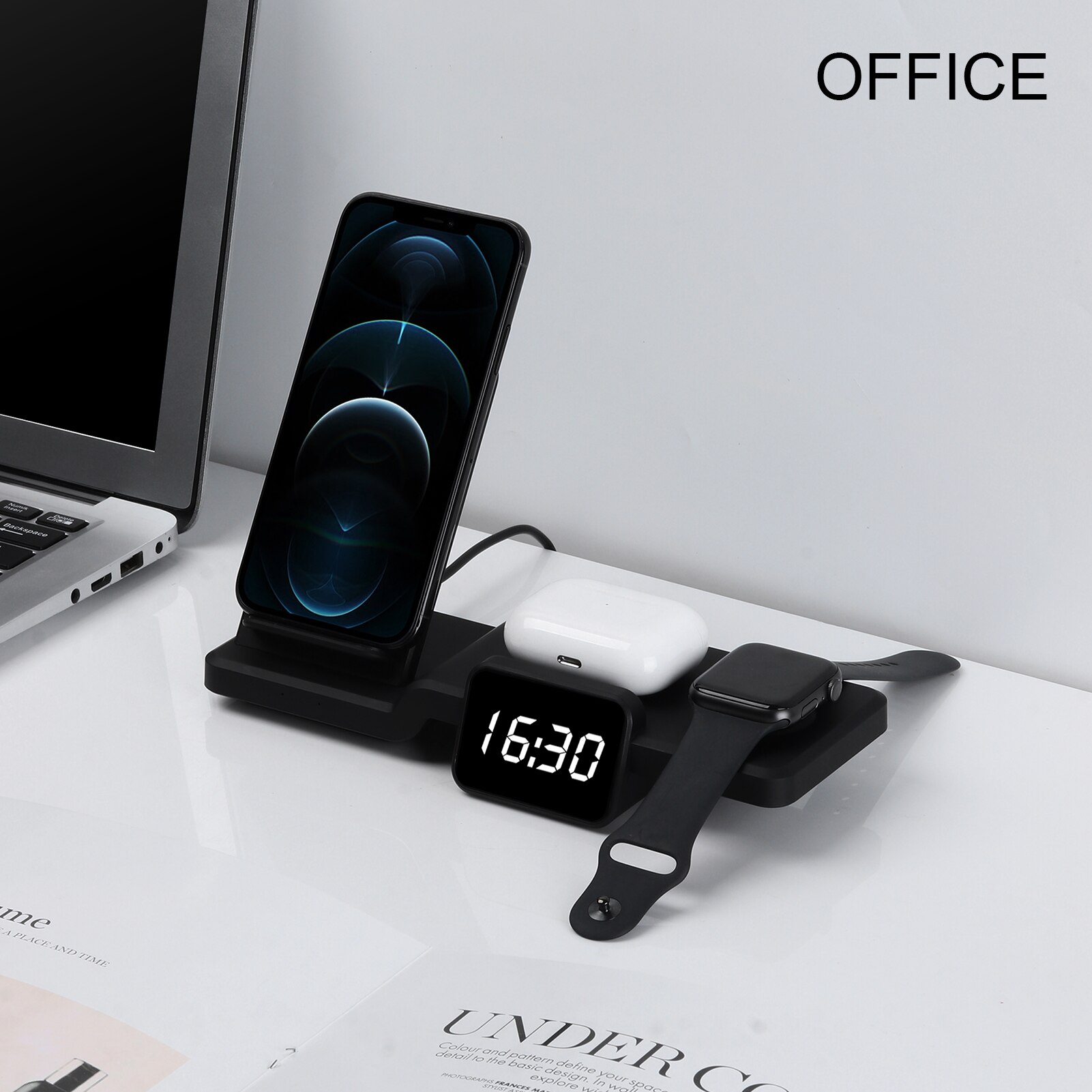 Newst Qi Wireless Charger Stand Charging Dock Station 3 In 1 Met Klok Voor Iphone 12 Xs X Voor Apple horloge 6 Airpods Pro Usb