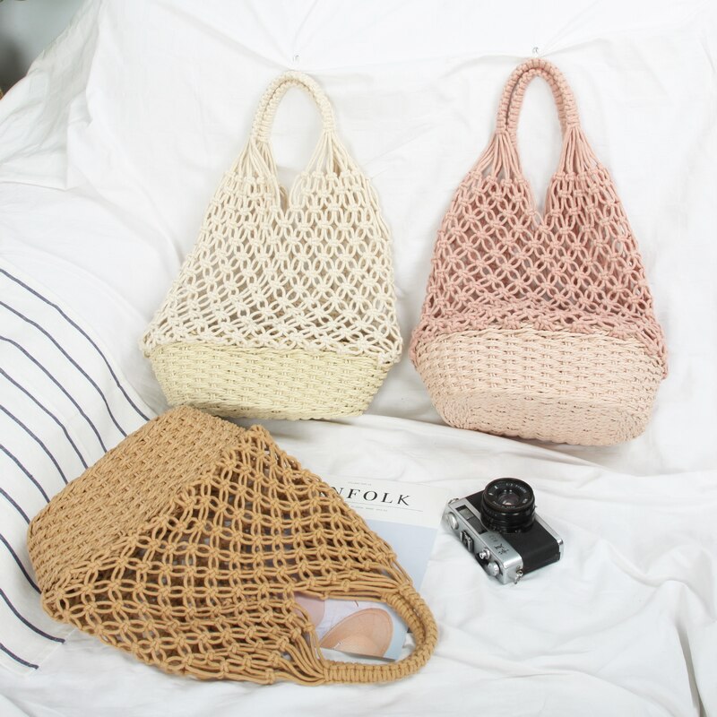 Frauen gewebte Gittergewebe Einkaufstasche Baumwolle Seil + stroh Weben Reticulate Hohl Stroh Tasche Netz Schulter Tasche Strand Taschen