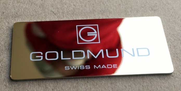 Goldmund forstærkerkasse skiltning forgyldt skilt i aluminiumslegering størrelse 53 * 22mm