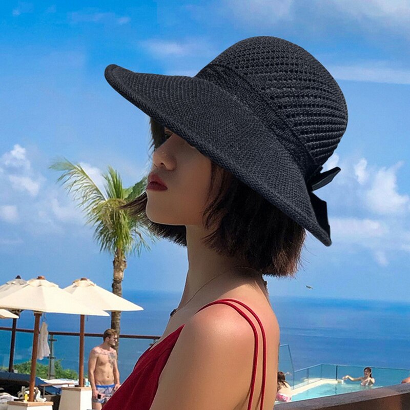 Sombreros de Sol para mujer, sombrero de paja plegable con lazo clásico, de ala grande, informal, para playa al aire libre, protección UV, para verano