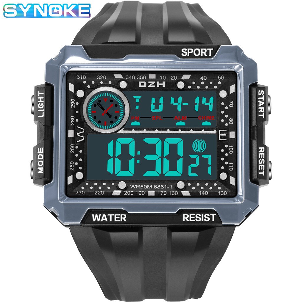Vierkante Grote Screen Display Sport Elektronische Horloge Mannen Lichtgevende Waterdichte Multifunctionele Outdoor Sport Horloge: 6861 black and dark gray