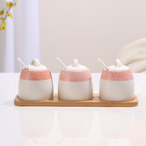 Japanese Seasoning Jar Set Kitchen Supplies Spice Jar Three-piece Set Ceramics Pink Seasoning Box Salt Shaker Spice Container: 3pcs