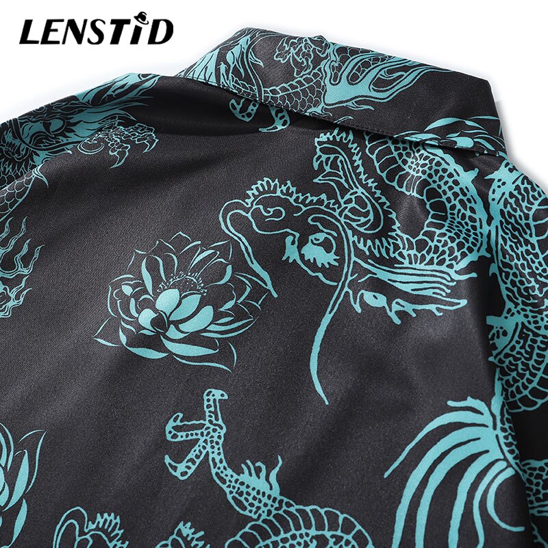 LENSTID Men Hip Hop Hawaiian Beach Shirt Dragon Lotus Print Harajuku Streetwear Casual Long Sleeve Oversize Aloha Shirts