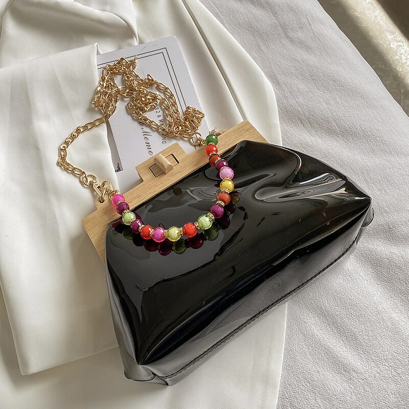 Transparent Jelly Tote bag Summer High PVC Women's Handbag Chain Shoulder Messenger Bag Travel Bag: 25 CM Black