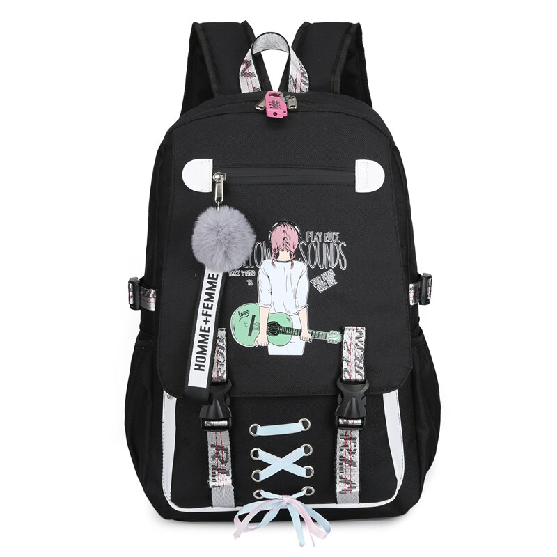 Große Schule Taschen für Teenager Mädchen Rucksack Frauen Bookbags Schüler Nylon Druck Hochschule Schul Jugend Usb mit Schloss Bagpack: Schwarz