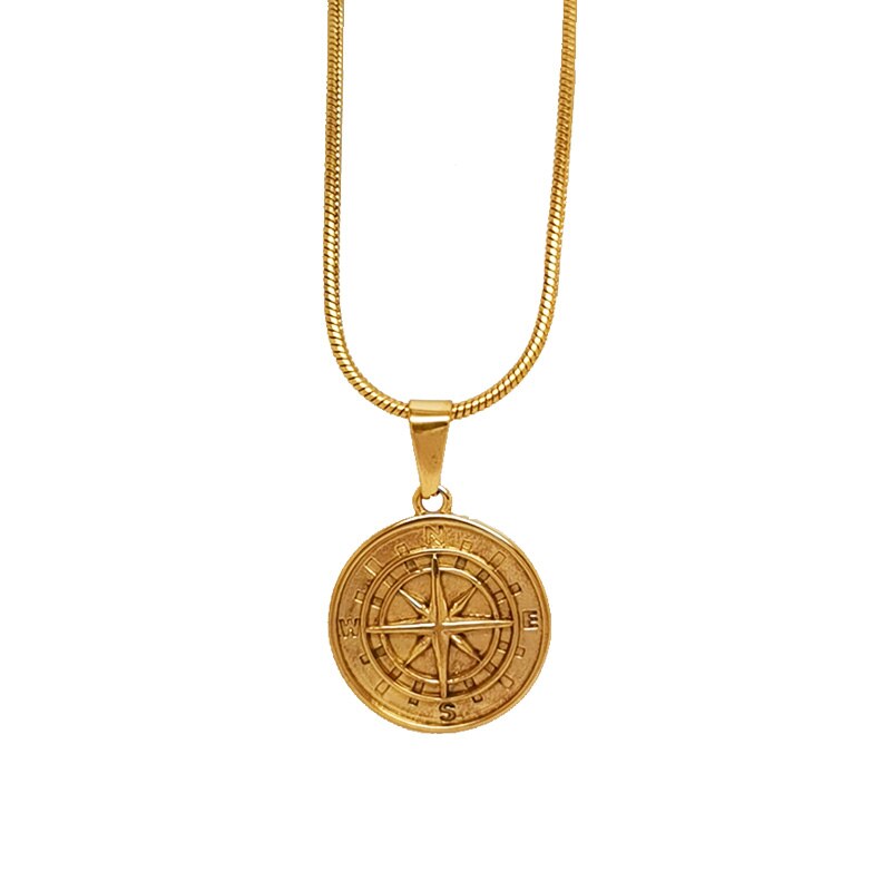 Collier avec pendentif boussole en or pour hommes et femmes, Hip-Hop, Vintage, pièce ronde en acier inoxydable, chaîne de bijoux à la: with snake chain