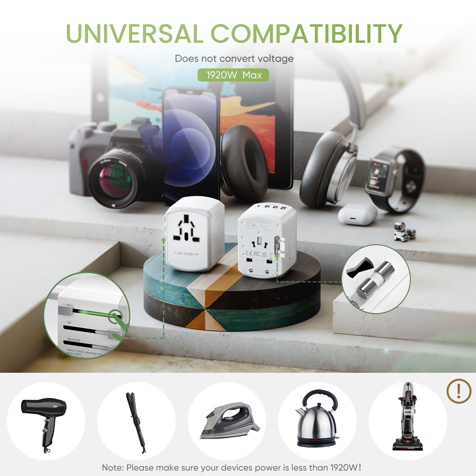 LENCENT Universal-Reiseadapter mit 3 USB-Anschlüssen und 1 Typ-C-Wandladegerät, All-in-One-Reiseladegerät für US-, EU-, UK- und AUS-Reisen