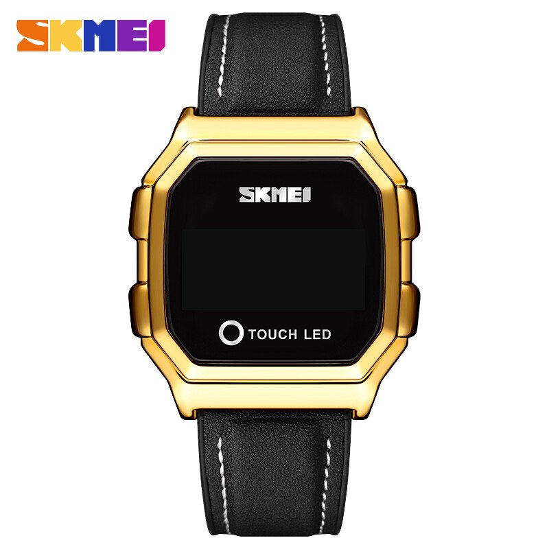 Skmei touch led digitale guldure herre dato tid herre armbåndsure vandtæt sportsur reloj hombre: Guld læder